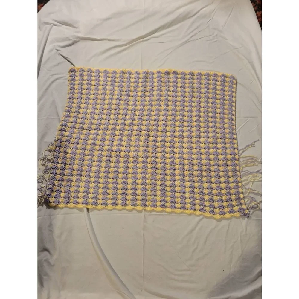 Vintage Afghan Handmade Crochet Throw Baby Lap Blanket Yellow Purple 34x27in‎